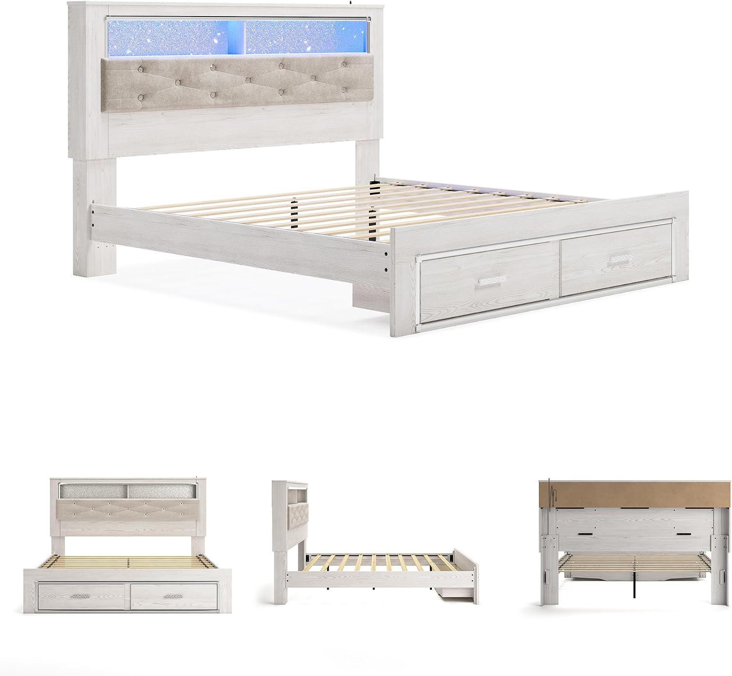 Signature Design by Ashley Altyra Contemporary Tufted King Upholstered Bookcase Platform Bed with LED Lights and 2 Drawers, Foundation or Box Spring Not Needed, White & Gray