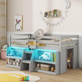 Giantex Twin Loft Bed with LED Lights, Wooden Loft Bed Twin Size with Stairs & Safety Guardrail, Low Loft Bed for Kids with Storage Bookcase and Under-Bed Play Space, Grey