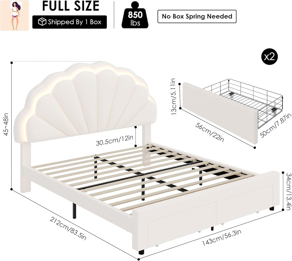 HIFIT Full Upholstered LED Bed Frame with 2 Storage Drawers and Adjustable Chic Double Petal Headboard, Soft Velvet Princess Platform Bed for Girls, Solid Wood Slat Support/No Box Spring Needed, Beige