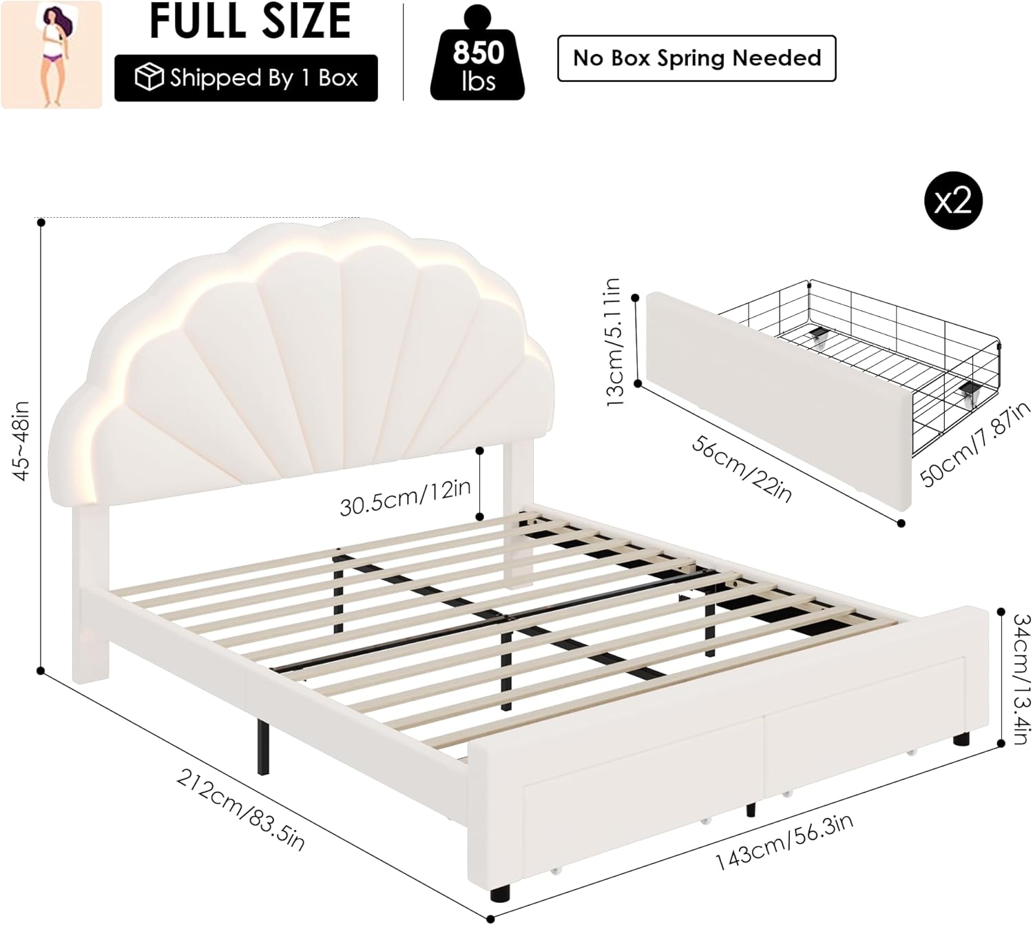 HIFIT Full Upholstered LED Bed Frame with 2 Storage Drawers and Adjustable Chic Double Petal Headboard, Soft Velvet Princess Platform Bed for Girls, Solid Wood Slat Support/No Box Spring Needed, Beige