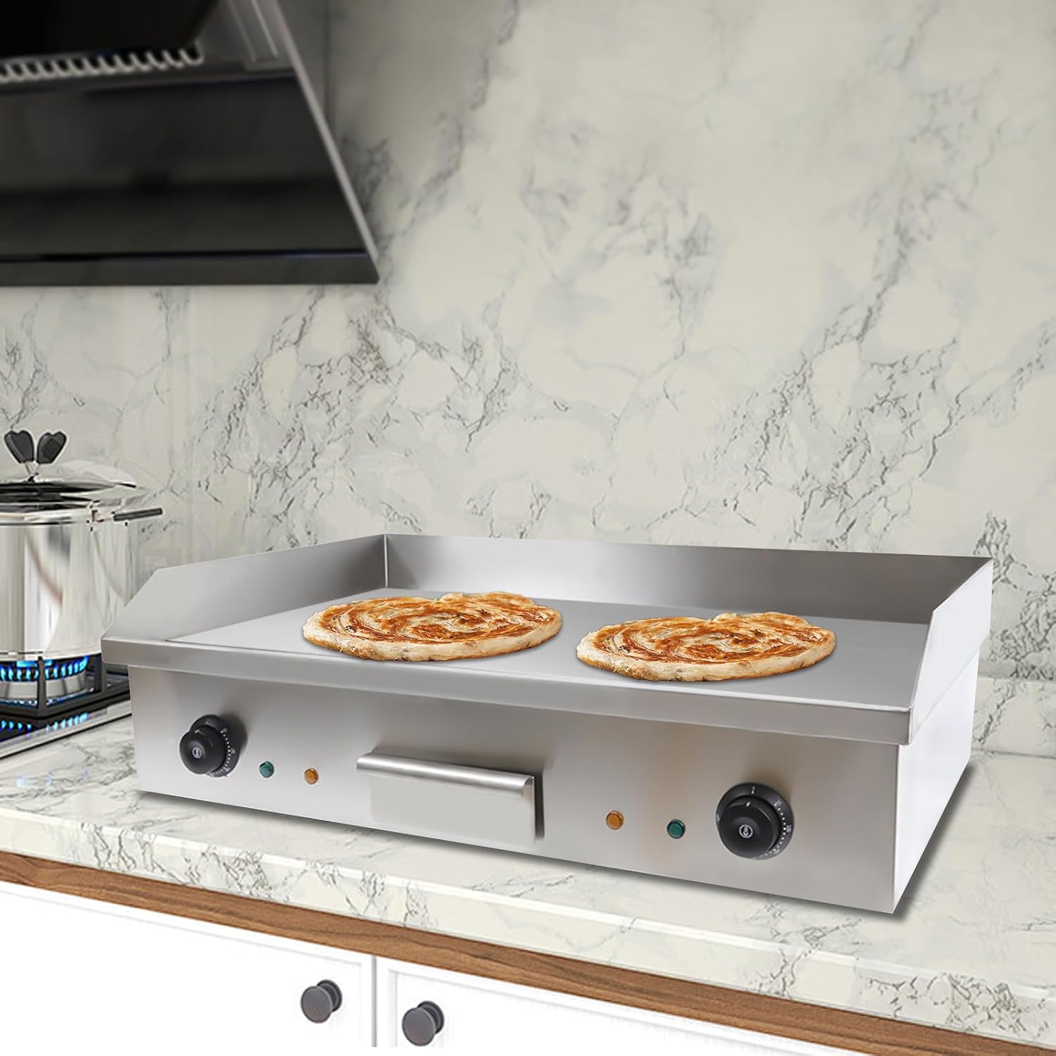 110v 3000w Commercial Electric Griddle, Double Control Electric Griddle Cooktop Electric Flat Top Grill Countertop Griddle Stainless Steel Teppanyaki Grill for Pancakes Crispy Bacon