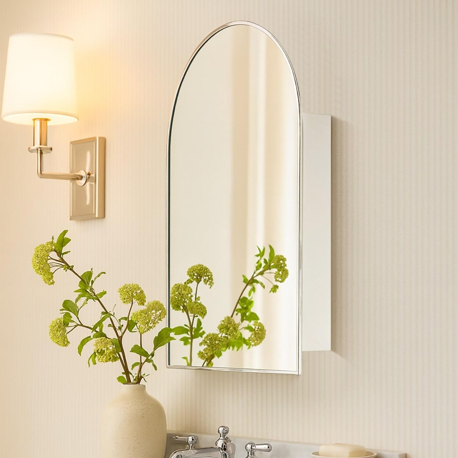 TEHOME 24 x 36'' Chrome Arch Bathroom Medicine Cabinet with Mirror Recessed and Surface Mounted Chrome Medicine Cabinet Mirror