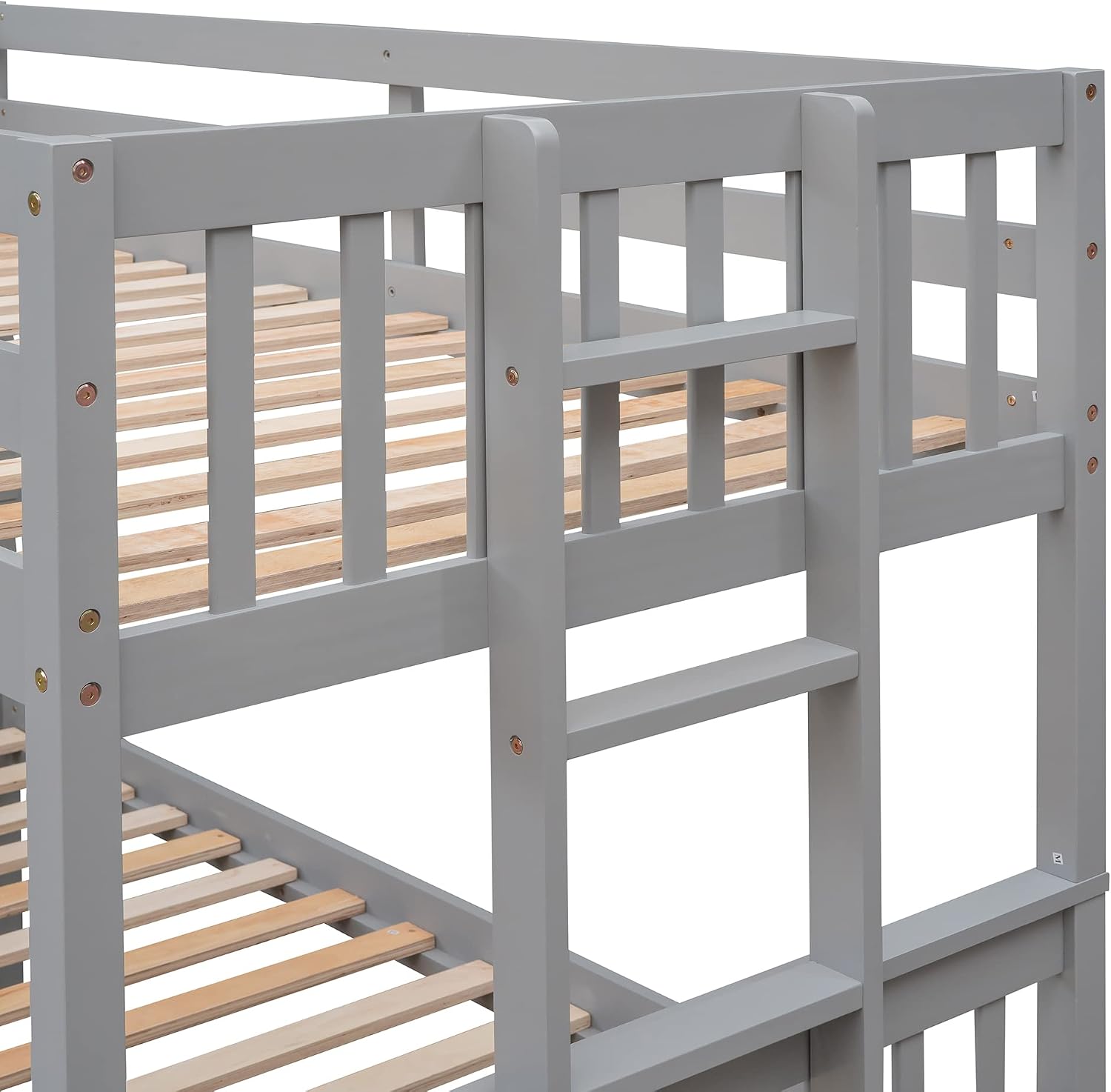 Harper & Bright Designs Twin Over Full Bunk Bed with Twin Size Trundle and 3 Storage Drawers, Solid Wood Bunk Bed Frame with Ladder, Grey