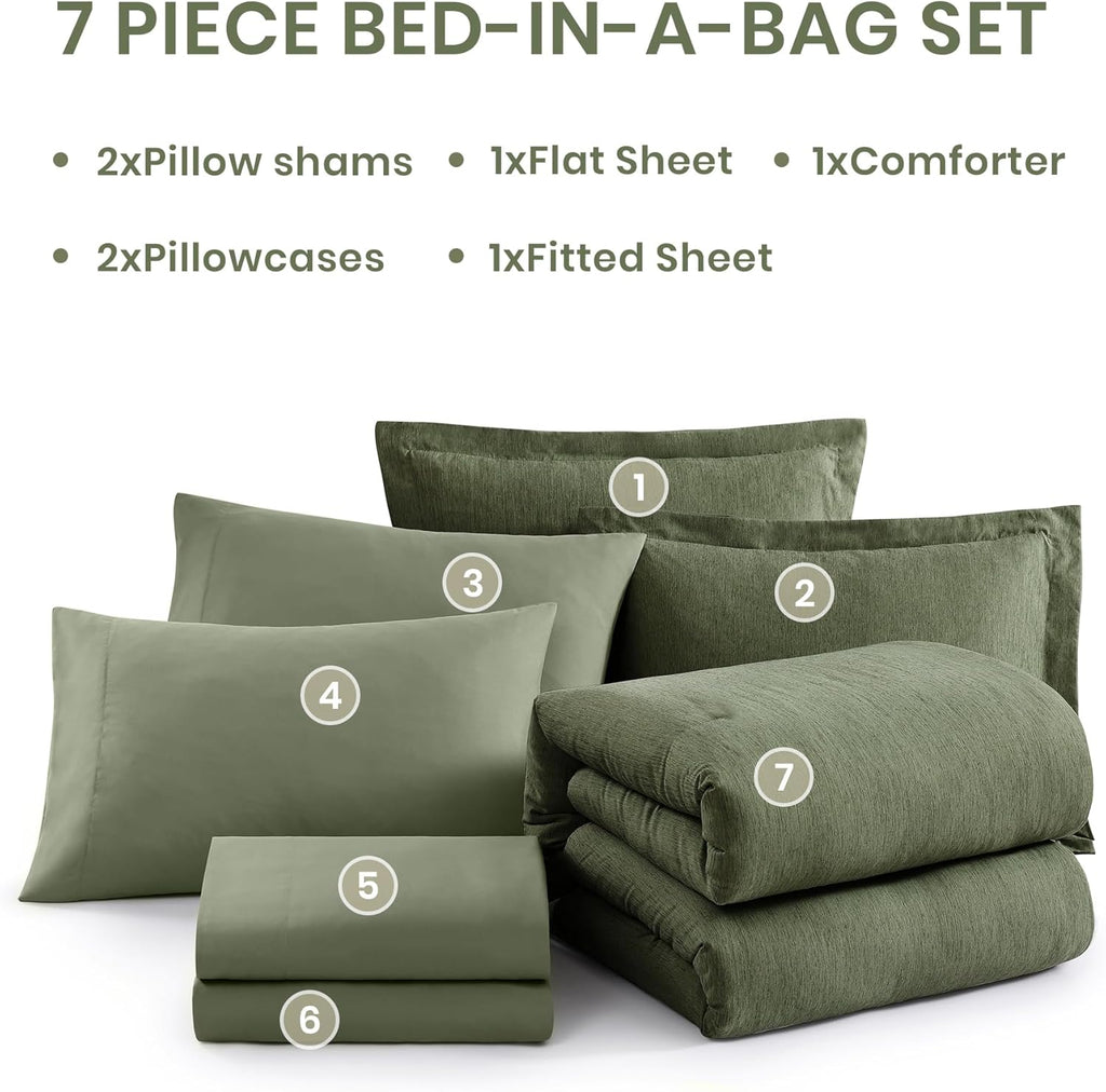 Monbix Super King Comforter Set, Olive Green Cationic Dyeing Bedding Set Reversible, Bed in a Bag 7 Pieces with Comforter, Sheets, Pillowcases & Shams