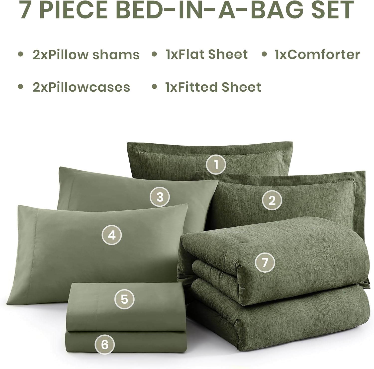 Monbix Super King Comforter Set, Olive Green Cationic Dyeing Bedding Set Reversible, Bed in a Bag 7 Pieces with Comforter, Sheets, Pillowcases & Shams