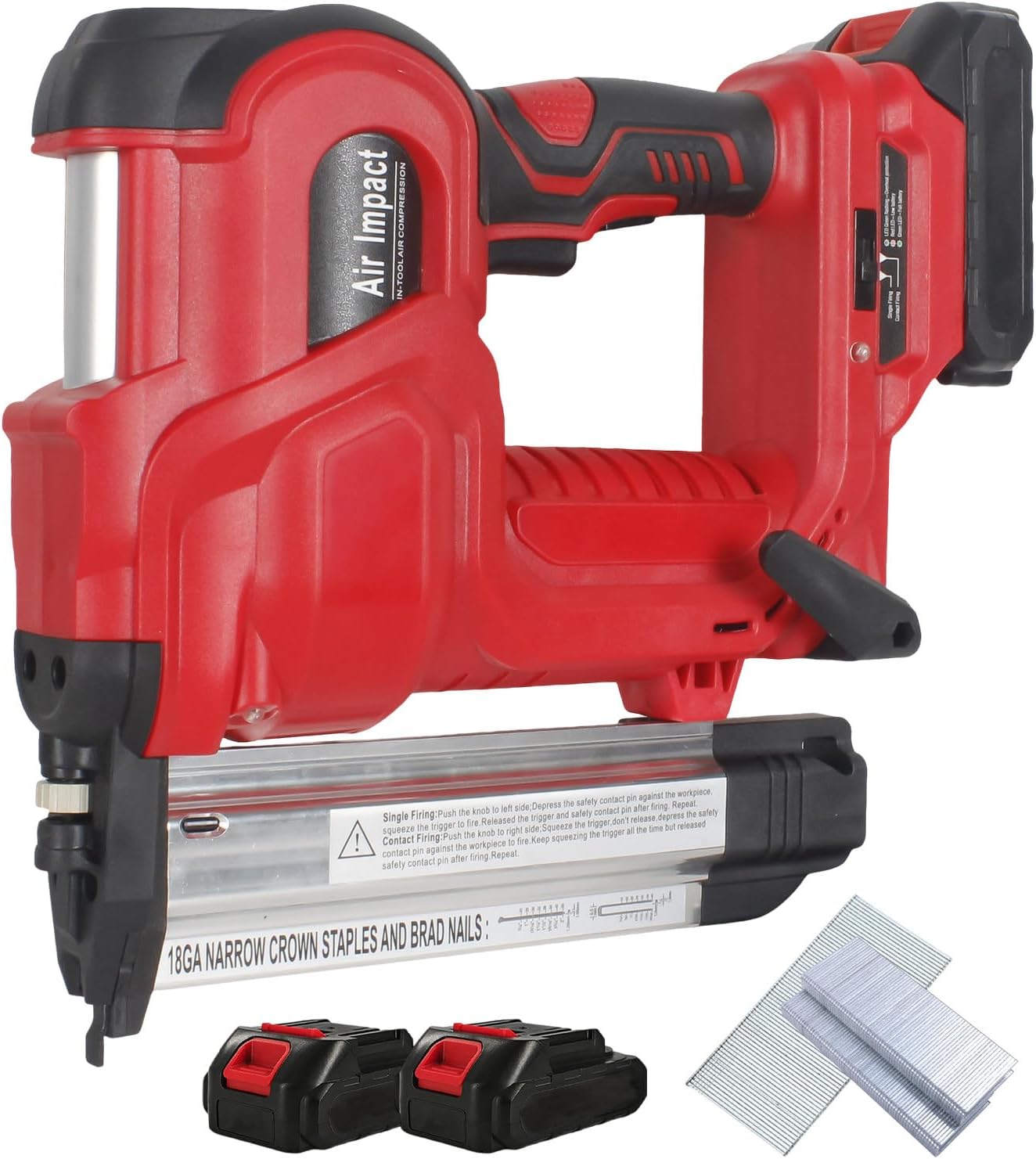 Electric Brad Nailer, Automatic Staple, Impact Drive Handheld Cordless Nailer, with Auxiliary Lighting, for Carpenters, Repairers, Nailing Depth Adjustable, Max 100 Times/Minut,Red