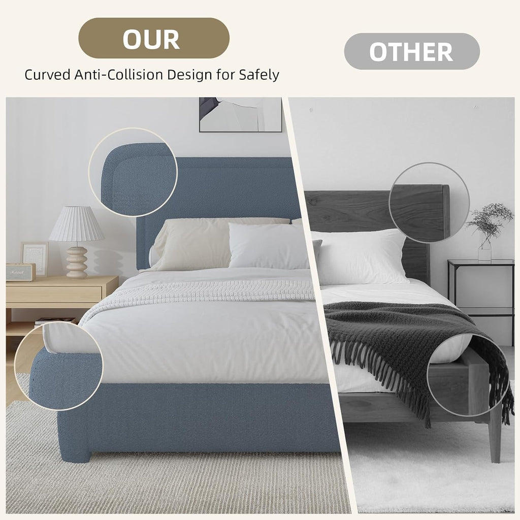 BarnFurin Boucle Upholstered Bed Frame King Size/Cloud Bed Frame/Soft Rounded Corners Headboard/Low Profile/No Box Spring Needed/Non-Slip and Noise-Free/Blue