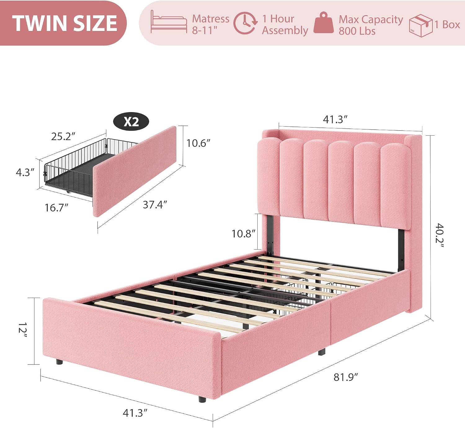 Garvee LED Twin Size Bed Frame with Storage Headboard, Kids Bed Frame with 2 Drawers, Boucle Upholstered Platform Bed for Girls, Chic Wavy Headboard with Bookcase, No Box Spring Needed, Pink