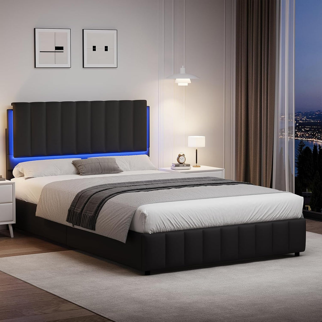 REVOMINCA Queen Size Bed Frame with Headboard and LED Lights, Modern Upholstered Faux Leather Platform Bed with Wooden Slats Support, No Box Spring Needed, Easy Assembly, Black
