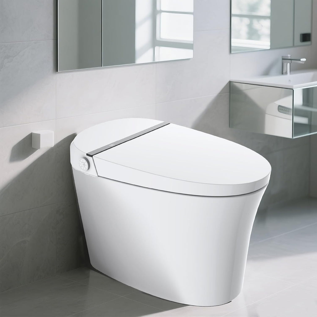 Smart Toilet,One Piece Toilet with Auto Open Close, Auto Flush, Foot Sensor Operation, Heated Seat，Warm Water & Dryer，Night Light，LED Display,White Remote Control
