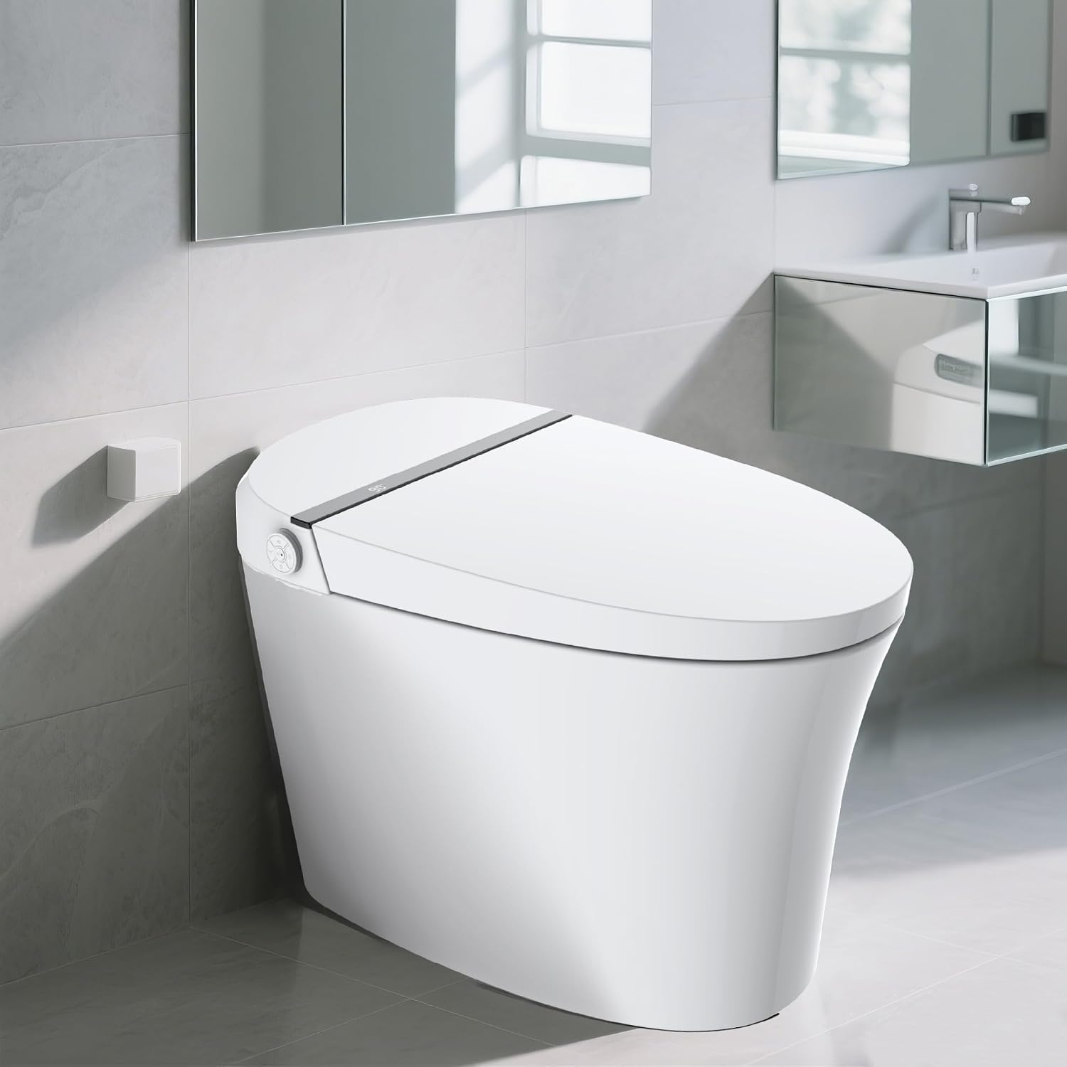 Smart Toilet,One Piece Toilet with Auto Open Close, Auto Flush, Foot Sensor Operation, Heated Seat，Warm Water & Dryer，Night Light，LED Display,White Remote Control