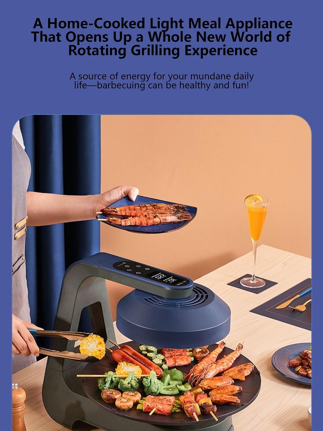 Electric Smokeless Grill Indoor Electric Grill 360° Auto-Rotate Temperature Control Non-Stick Removable Grill Griddle Plates for Home Party Camping