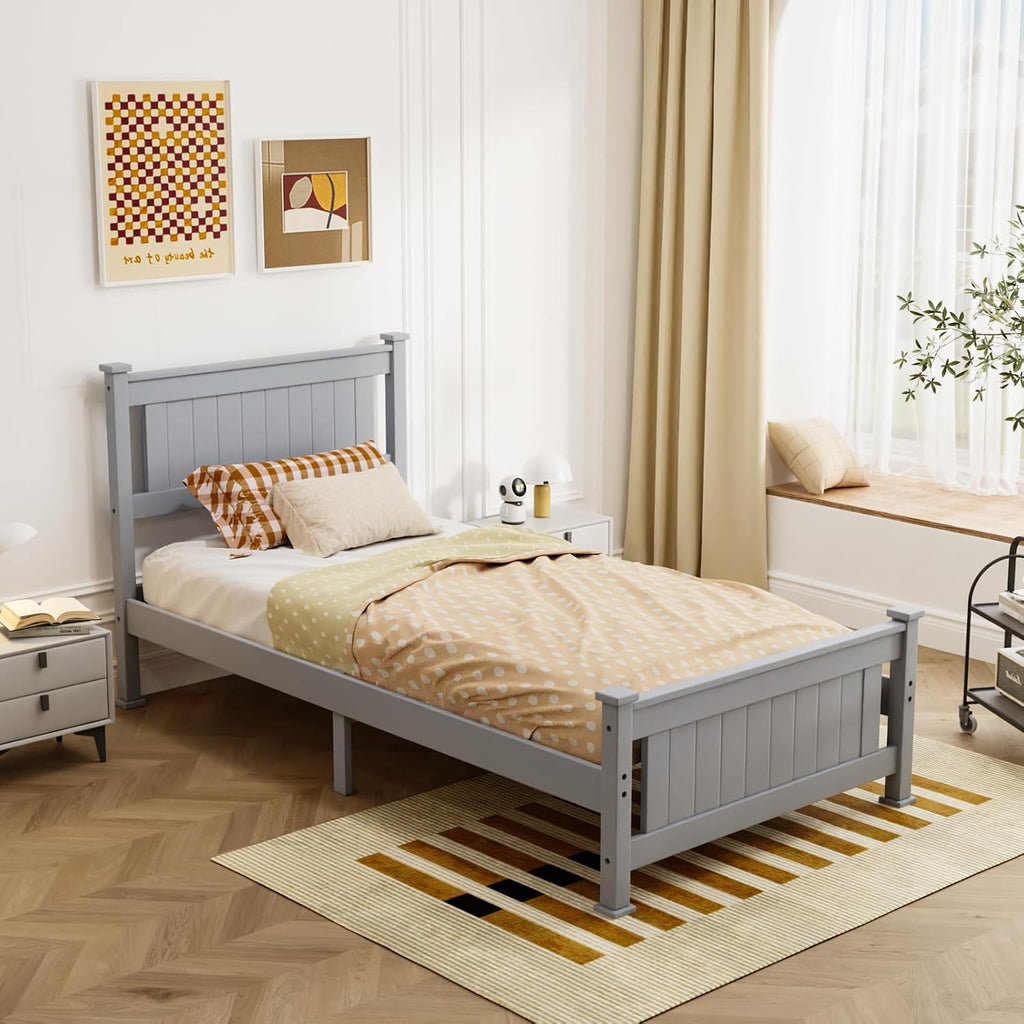 VINGLI Twin Size Set of 2 Solid Wood Bed with Headboard, Sturdy & Durable Construction,Modern Minimalist Panel Platform Bed with Strong Support for Kids,Adults & Guests,Sleigh Bed,Gray