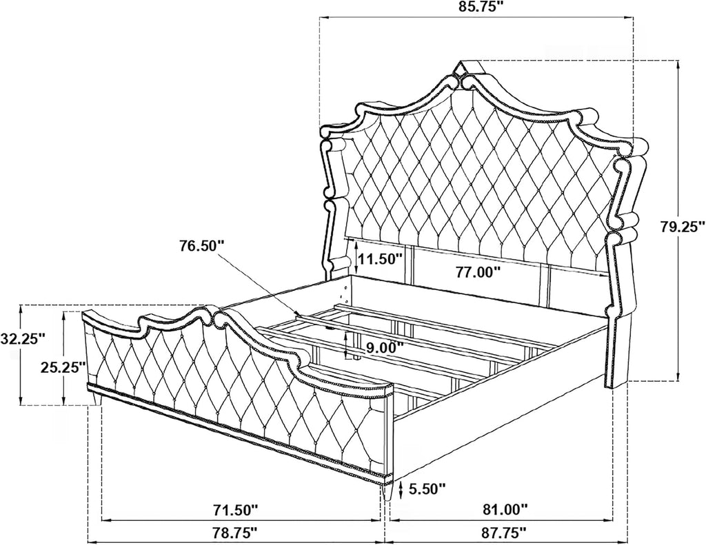 Coaster Home Furnishings Antonella Modern Classic 5-Piece Bedroom Set Velvet Upholstered Eastern King Size Panel Bed Frame 79-inch Headboard Ivory and Camel 223521KE-S5