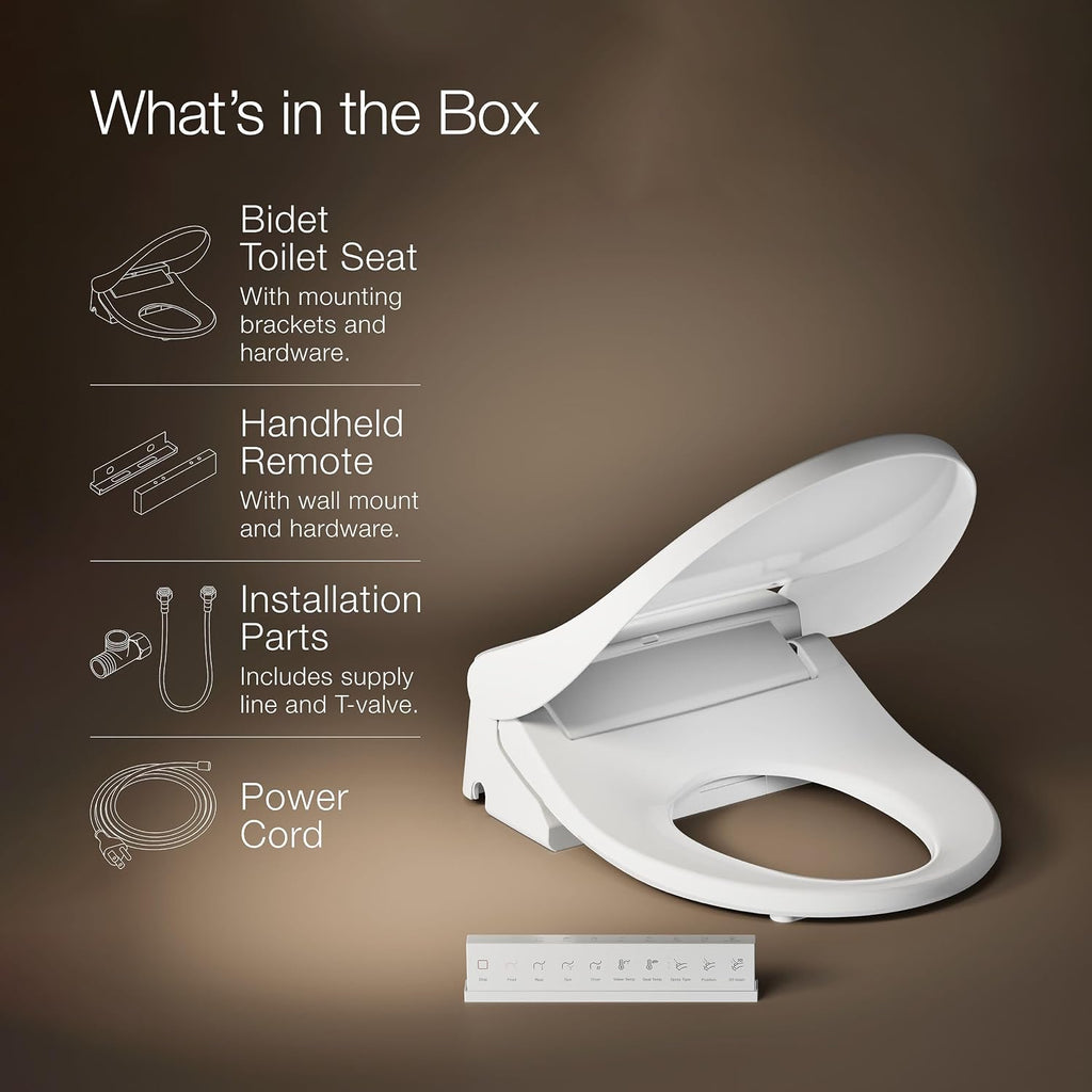 Kohler PureWash E880 Round-Front Bidet Toilet Seat With Remote, Warm Water, Quiet-Close Lid Prevents Slamming, Easy Installation with Quick-Release, Self-Cleaning Wand, Adjustable Water Pressure