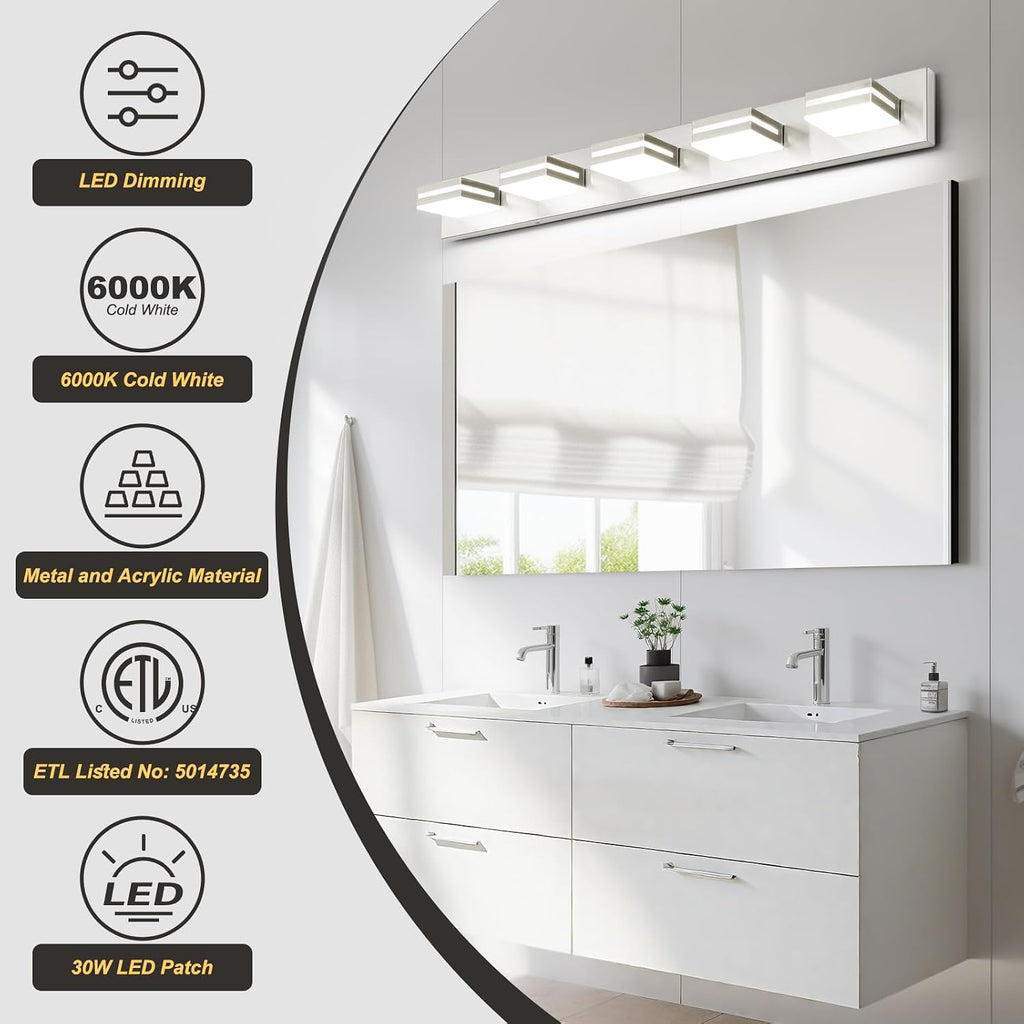 OKELI 5 Light Bathroom Vanity Light Brushed Nickel Modern 36W LED Dimmable Vanity Light Over Mirror 350° Adjustable Lamp Head Cold White 6000K ETL Listed 36.2Inch