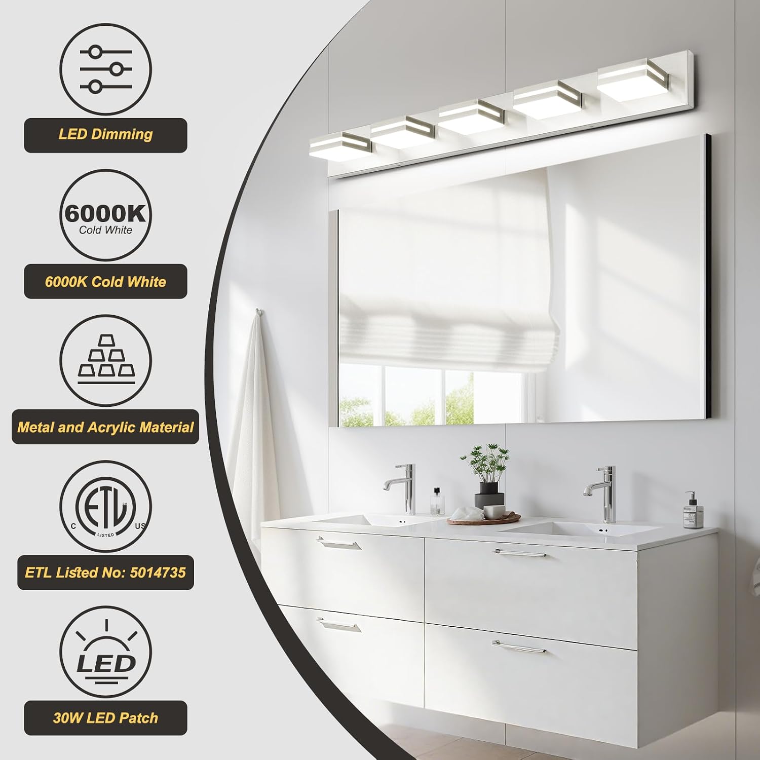 OKELI 5 Light Bathroom Vanity Light Brushed Nickel Modern 36W LED Dimmable Vanity Light Over Mirror 350° Adjustable Lamp Head Cold White 6000K ETL Listed 36.2Inch