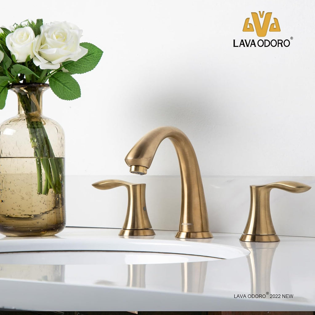 Lava Odoro Valenvoir Gold Bathroom Faucet for Sink 3 Hole, Bronze Gold 8 inch Widespread Bathroom Faucet 2 Handle Bathroom Sink Faucet for Vanity with Drain Assembly Supply line, BF405-BB