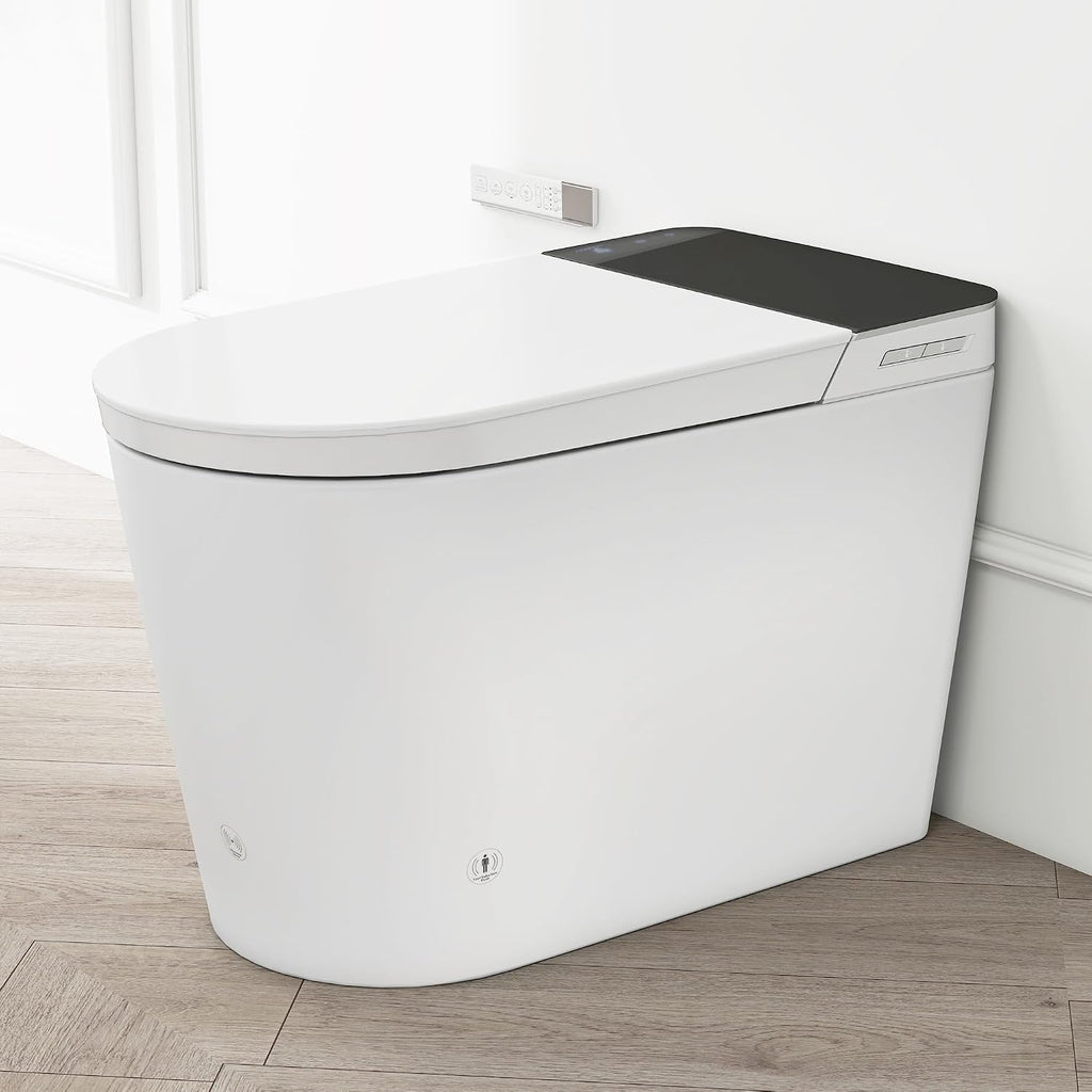 Tankless Smart Toilet with Bidet, Auto Lid, Foot Sensor, Heated Seat, Warm Water Wash & Dryer, Memory Function, Remote Control, LED Display, One-Piece White Ceramic Toilet