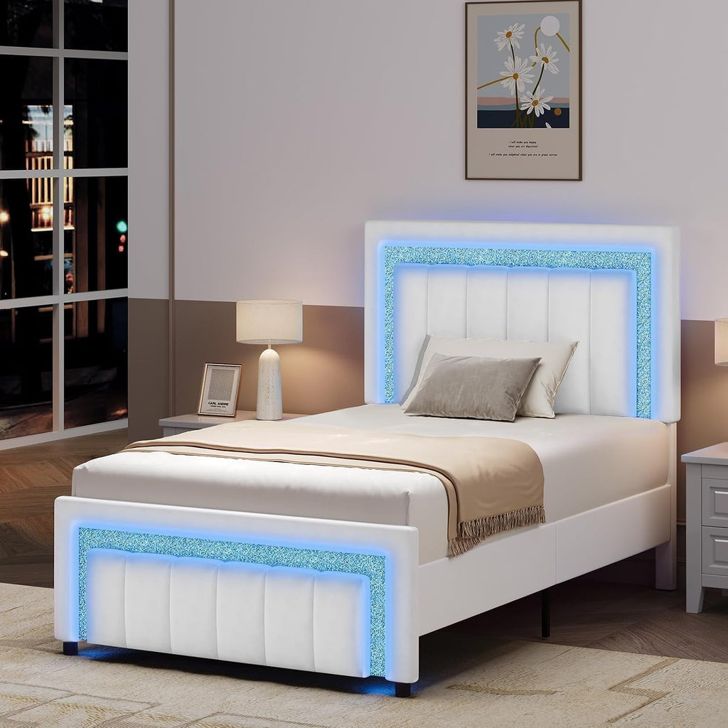 HOMBCK Twin Bed Frame with LED Lights and Velvet Upholstered Adjustable Headboard, Twin Size Bed Frames with Diamond Headboard & Footboard, Wood Slats Support, Noise Free, No Box Spring Needed, White