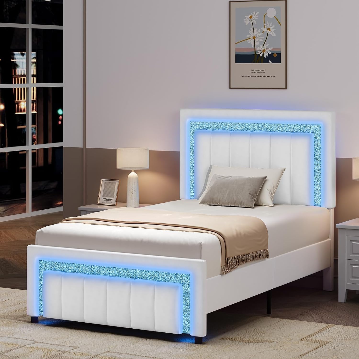 HOMBCK Twin Bed Frame with LED Lights and Velvet Upholstered Adjustable Headboard, Twin Size Bed Frames with Diamond Headboard & Footboard, Wood Slats Support, Noise Free, No Box Spring Needed, White