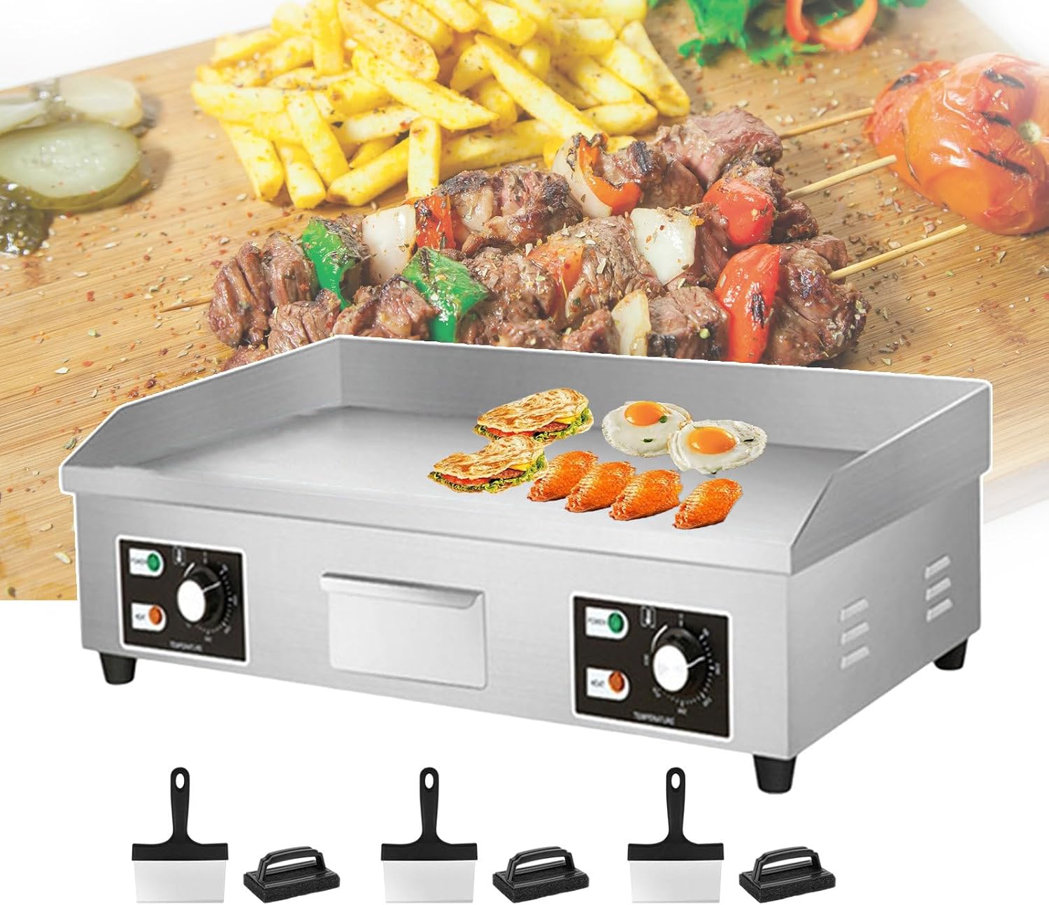 Commercial Electric Griddle and Warmer 3500W/4400W | Stainless Steel Teppanyaki Grill 50°C-300°C | Includes 3 Cleaning Shovel and 3 Cleaning Brush for Cooking a，3500W