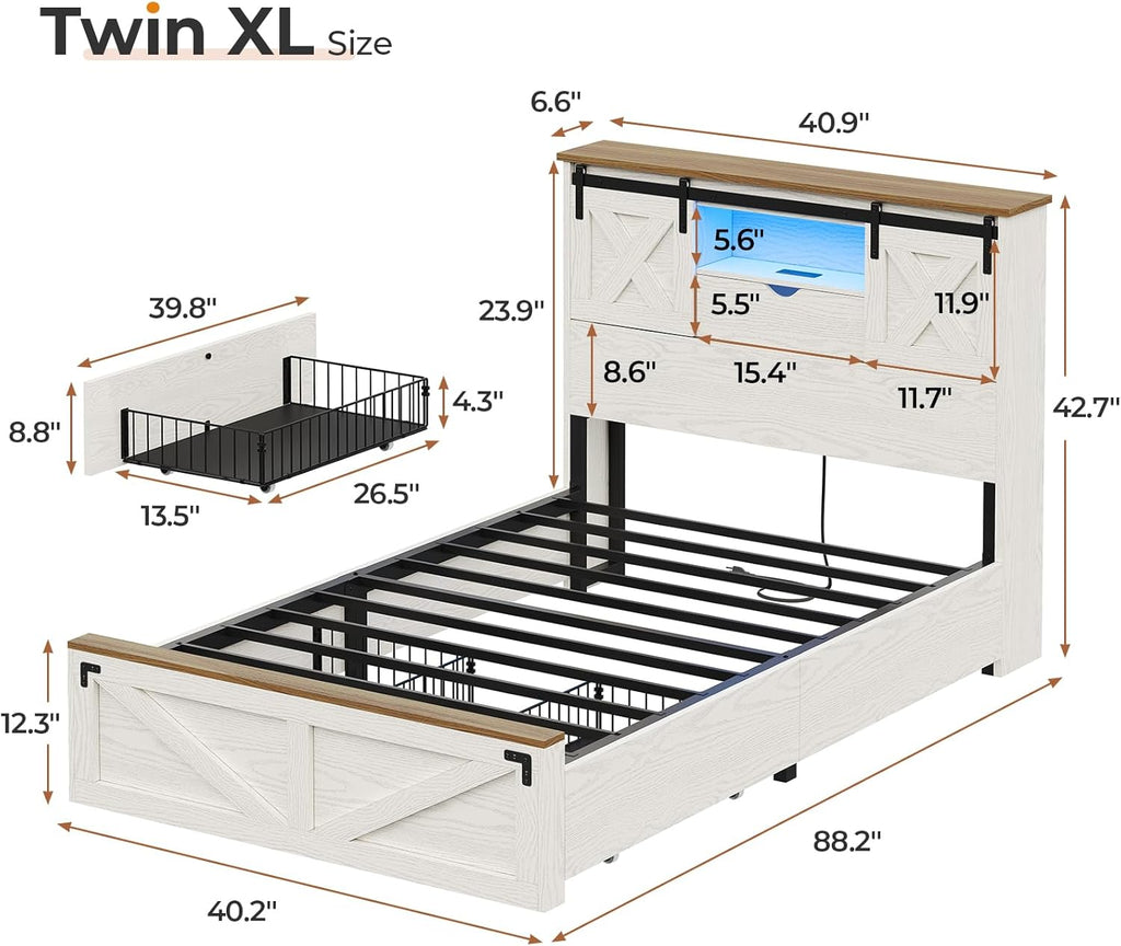 Hasuit Farmhouse Bed Frame Twin XL Size with 2 Storage Drawers, Wooden Platform Twin XL Bed with LED Lights and Charging Station, Rustic Headboard with Sliding Barn Door Storage Cabinets (White)