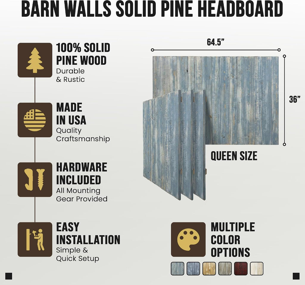 Barn Walls Solid Wood Queen Headboard, Wall Mounted Floating Fluted Headboard for Queen Bed Size, Farmhouse Rustic Mid Century Style, Low Profile Mount, Blue Powderwash, 64.5' L x 2' W x 36' H