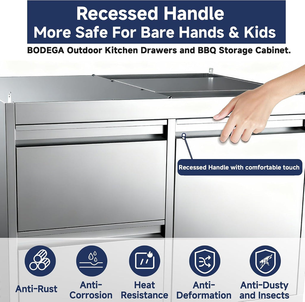 BODEGA Outdoor Stainless-Steel Kitchen Drawers Cabinet For Built-in BBQ Grill .Stainless-Steel outdoor kitchen grill cabinet with 2 Drawers and Propane Tank Storage,(Fits 30'-MK04SS304 Propane Grill).