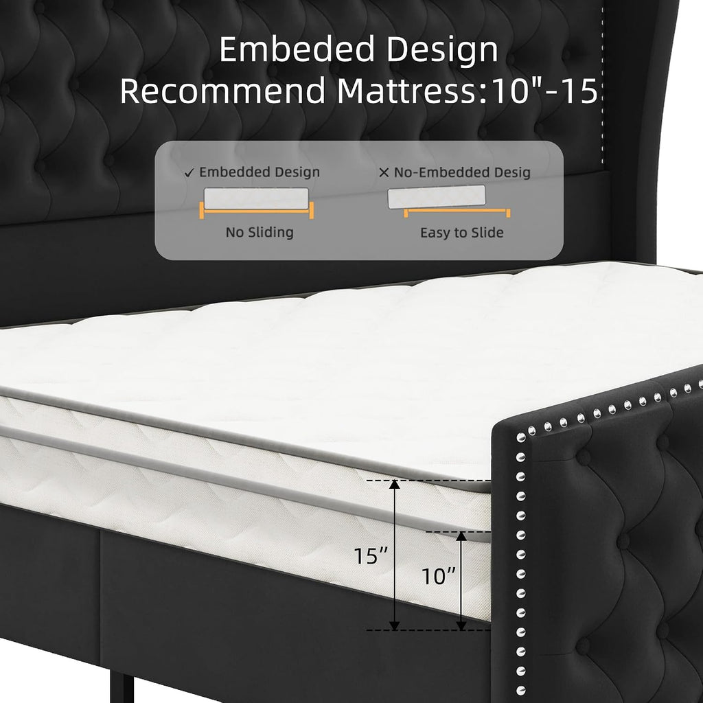 BRELTAM Upholstered King Size Bed Frame Velvet Black Tufted Platform Bed Frame with Wingback Headboard & Footboard, with Deep Button Tufted & Nailhead Wooden Slats Support, No Box Spring Needed