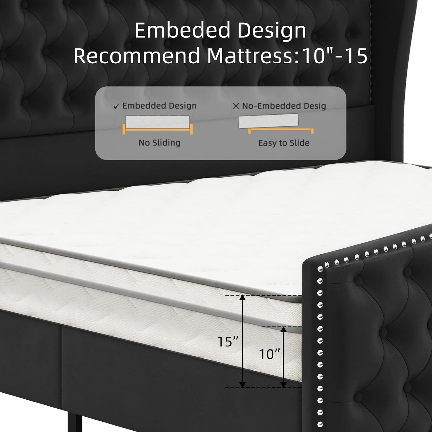 BRELTAM Upholstered King Size Bed Frame Velvet Black Tufted Platform Bed Frame with Wingback Headboard & Footboard, with Deep Button Tufted & Nailhead Wooden Slats Support, No Box Spring Needed