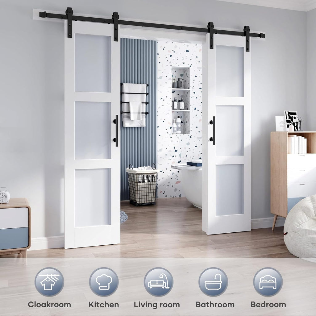 Double 21×84 Inch Glass Barn Door Slab and 7ft Hardware Kit Included, 3 Frosted Glass, LVL Wood Panel Covered with White Water-Proof Scratch-Proof PVC Surface, Simple DIY Assembly