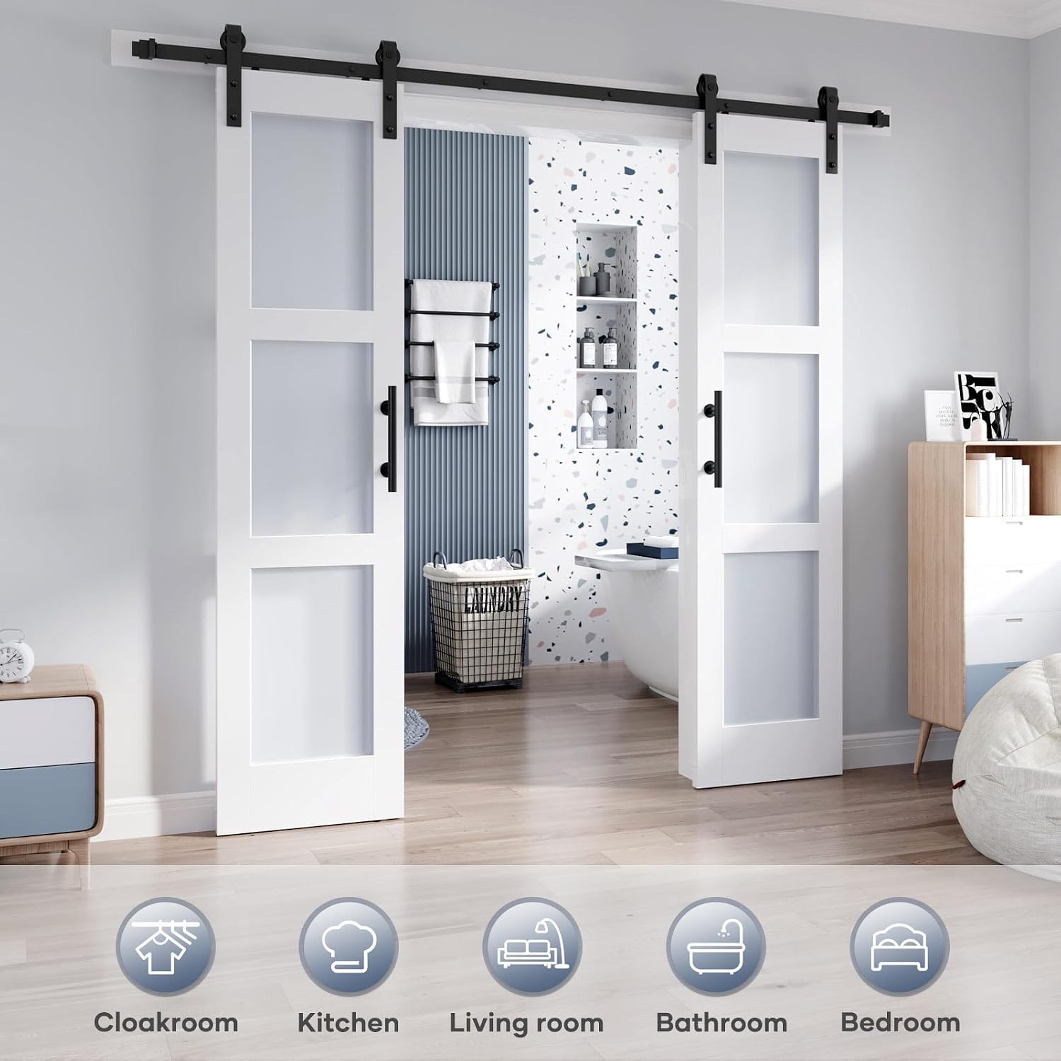 Double 21×84 Inch Glass Barn Door Slab and 7ft Hardware Kit Included, 3 Frosted Glass, LVL Wood Panel Covered with White Water-Proof Scratch-Proof PVC Surface, Simple DIY Assembly
