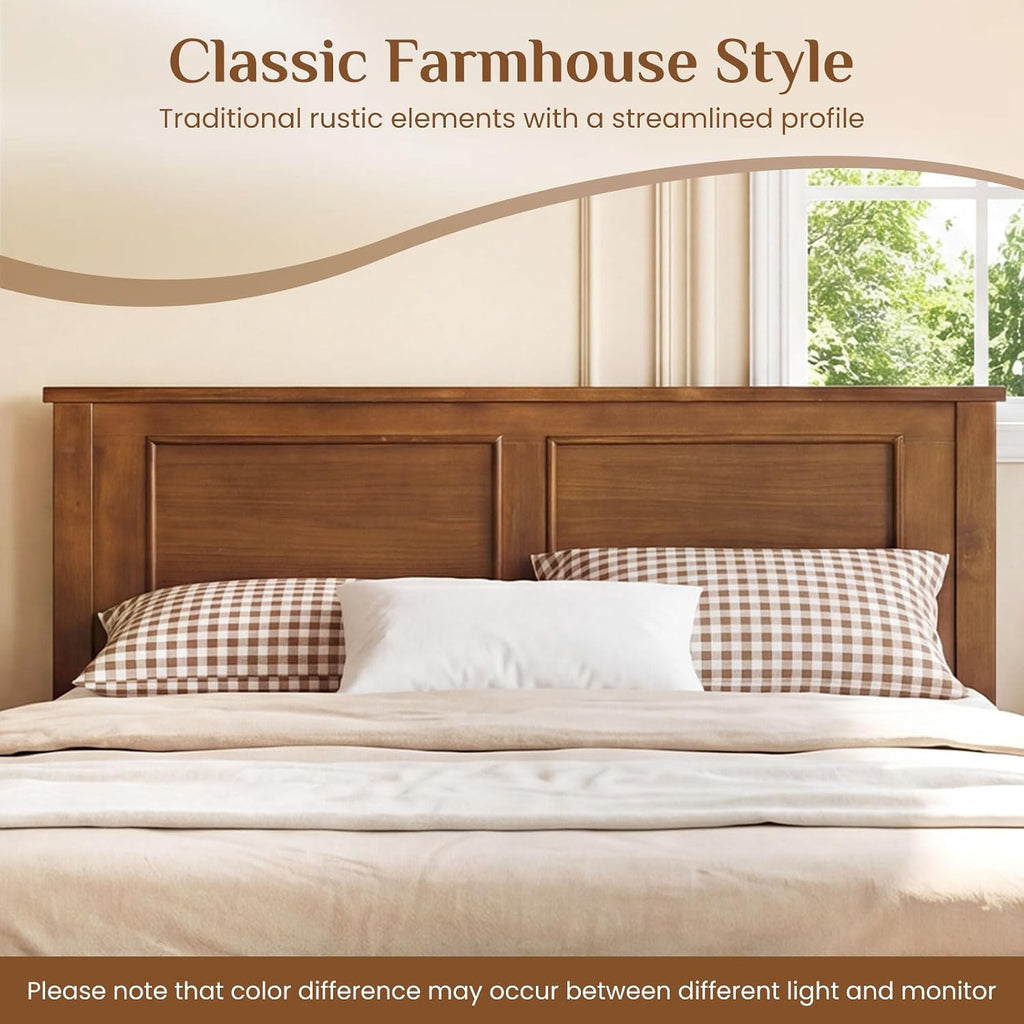 Giantex Wood Twin Bed Frames with Headboard, Farmhouse Solid Platform Bed w/Wooden Slat Support Mattress Foundation, Under-Bed Storage, No Box Spring Needed, Walnut