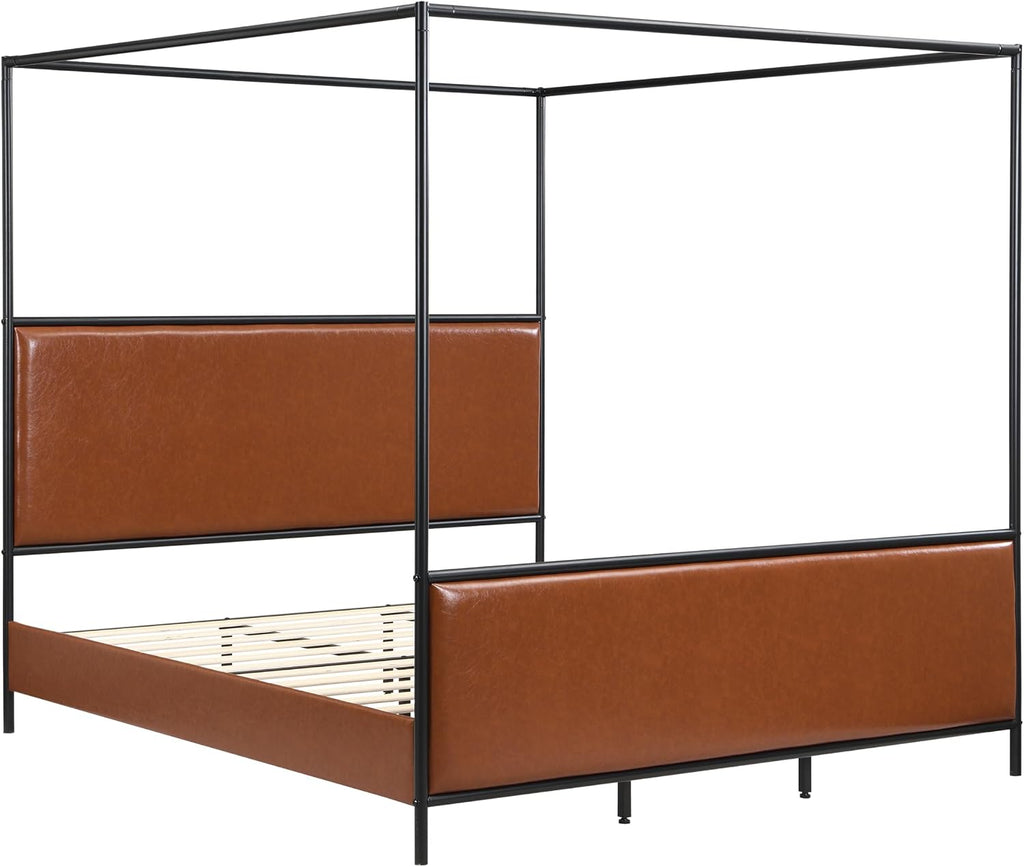 King Size Canopy Bed with Upholstered Headboard, Tall Four Poster Platform Bed for Bedroom (Brown+Black, King)