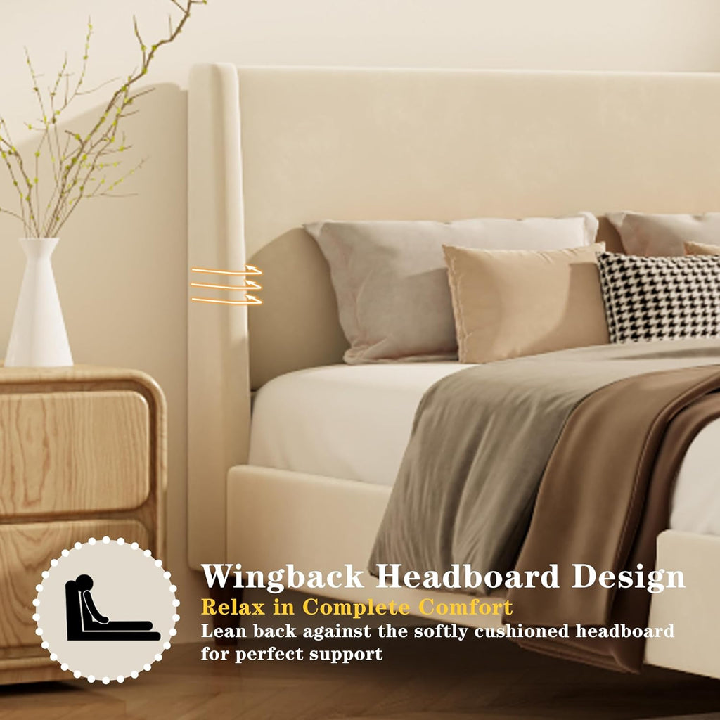 King Size Upholstered Platform Bed Frame, Modern Wingback Bed with Headboard, Upholstered Bed Frames with Walnut Wooden Legs, No Box Spring Needed/Easy Assembly, Beige Velvet