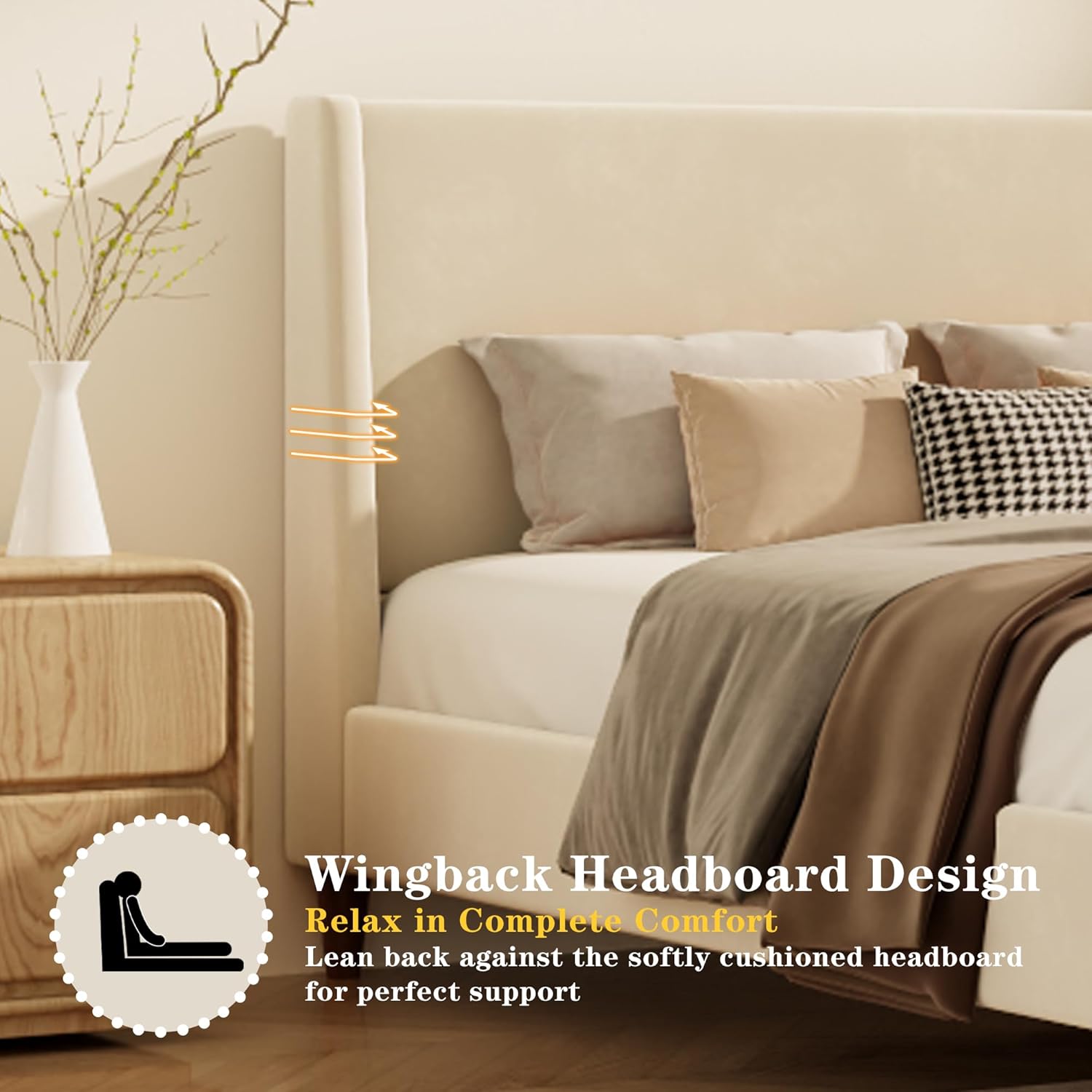 Queen Size Upholstered Platform Bed Frame, Modern Wingback Beds with Tall Headboard, Upholstered Bed Frames with Walnut Wooden Legs, No Box Spring Needed/Easy Assembly, Beige Velvet