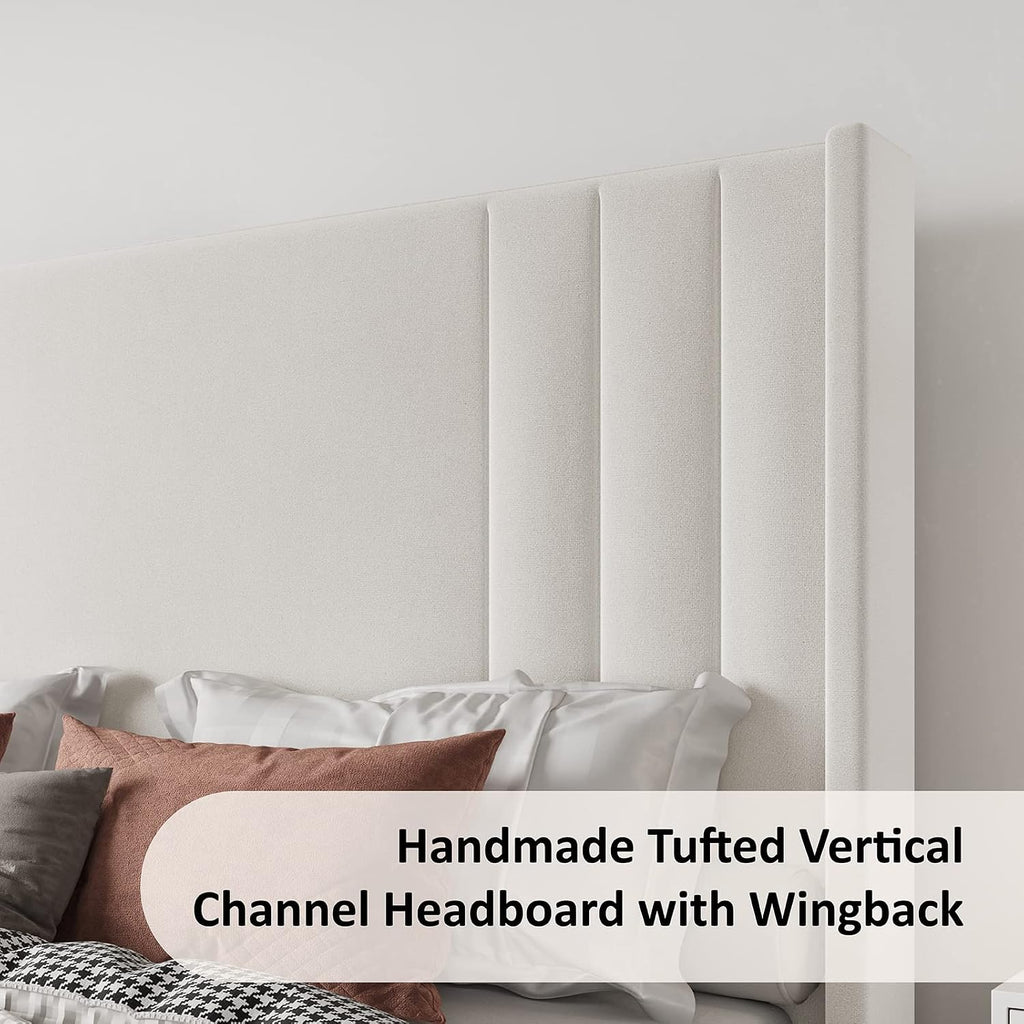 Albott King Size Platform Bed Frame, Upholstered Bed with Vertical Channel Tufted Wingback Headboard & Footboard, Premium Velvet, No Box Spring Needed, Cream