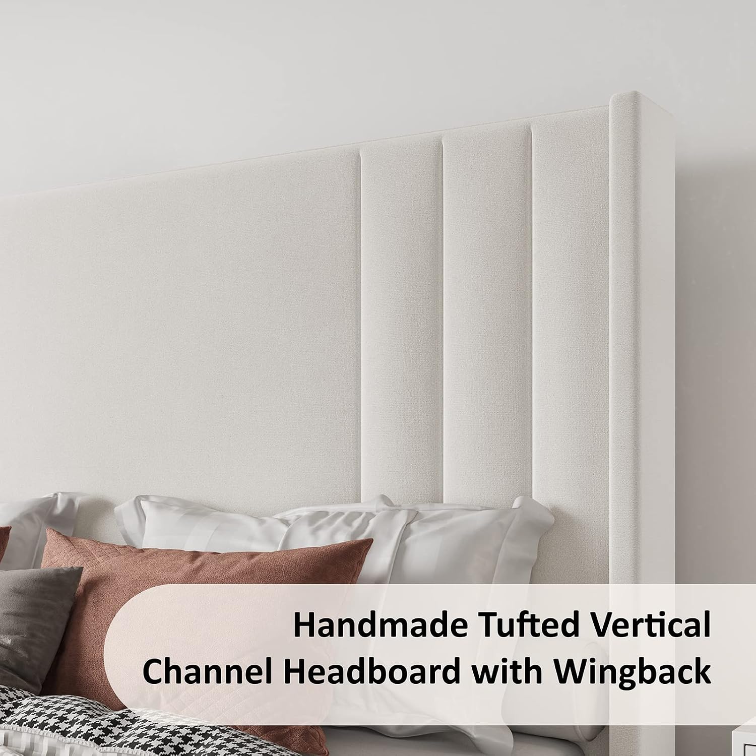 Albott Queen Size Platform Bed Frame, Upholstered Bed with Vertical Channel Tufted Wingback Headboard & Footboard, Premium Velvet, No Box Spring Needed, Cream