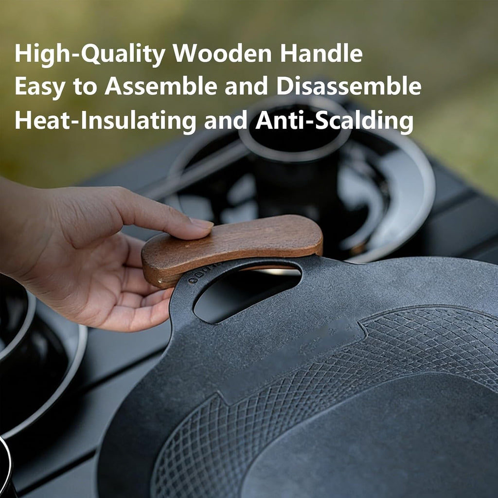 Korean Grill Pan Round BBQ Griddle with Bag Wood Handle for Indoor Outdoor Fire Camping Induction Gas Stove Electric Cooktop