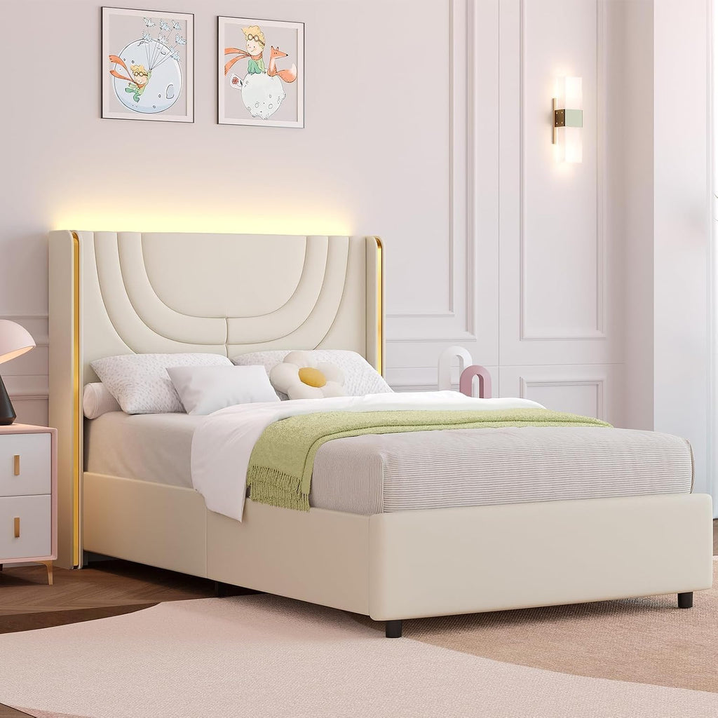 REVOMINCA Twin Upholstered Bed Frame with LED Lights, Faux Leather Platform Bed Frame with Silver Wingback Headboard, Modern Style, No Box Spring Needed, Easy Assembly, Cream