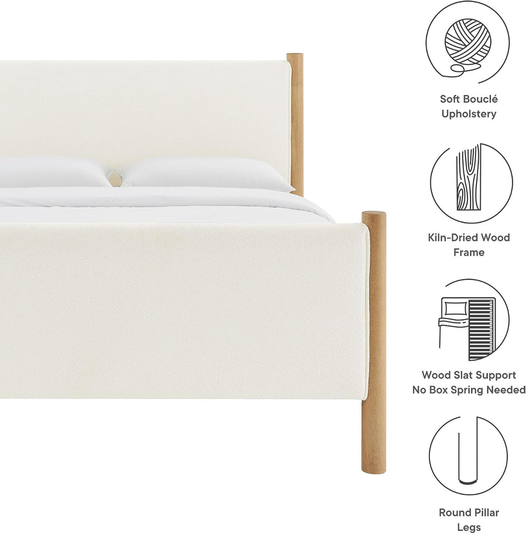 Modway Maven King Size Bed Frame in Feather Oak with Upholstered Boucle Headboard and Footboard – Wood King Platform Bed Frame – No Box Spring Needed