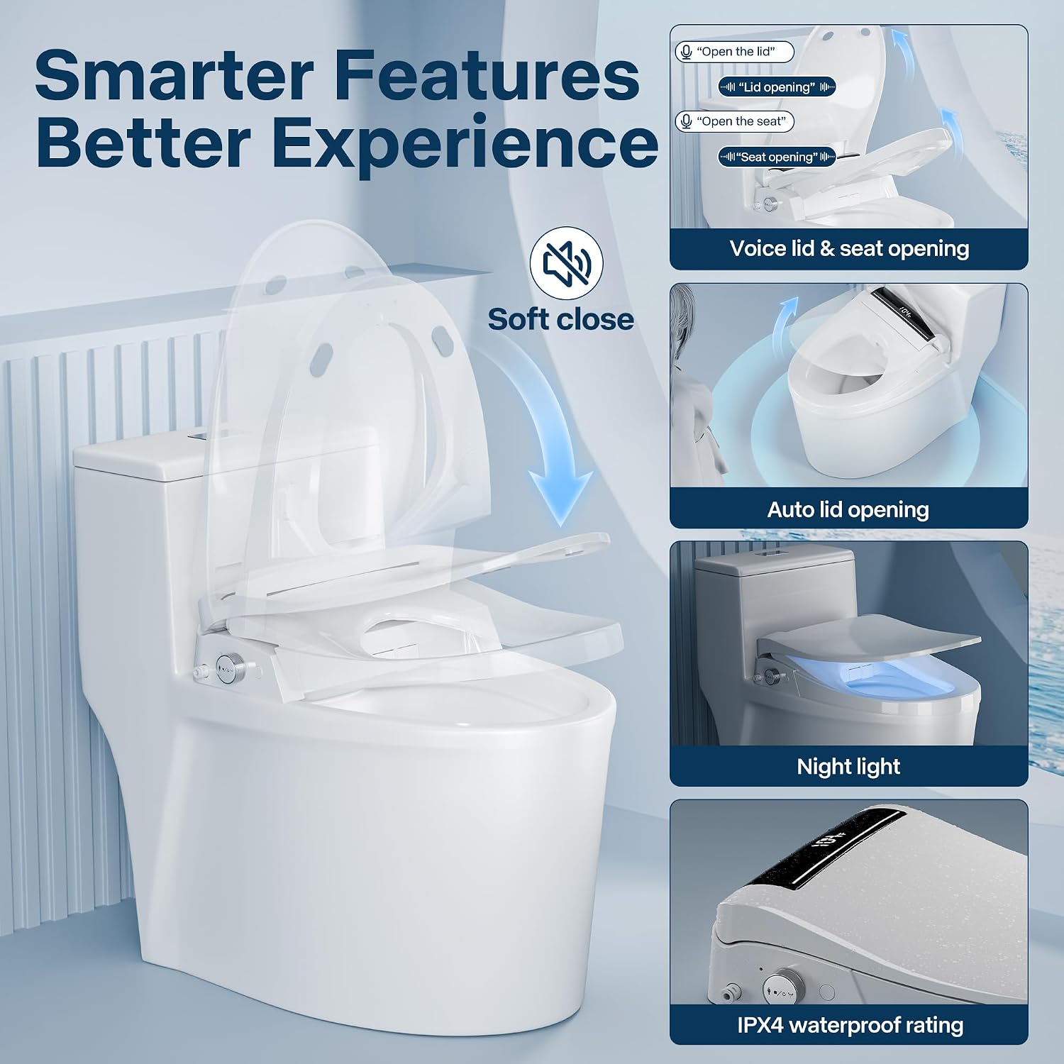 Electric Toilet Seat Elongated with Voice Control, Heated Toilet Seat with Warm Water & Dryer, Radar Sensor Auto Open/Close, LED Temp Display, Electric Bidet Toilet Seat for Bathroom
