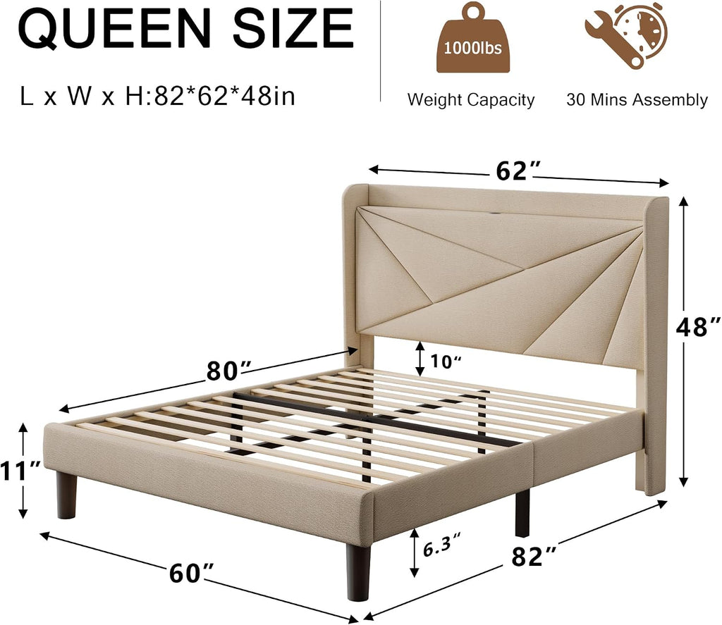 Einhomn Queen Size Upholstered Bed Frame with Charging Station, Platform Bed Frame with Storage Headboard, Solid Wood Slats Support, No Box Spring Needed, Beige