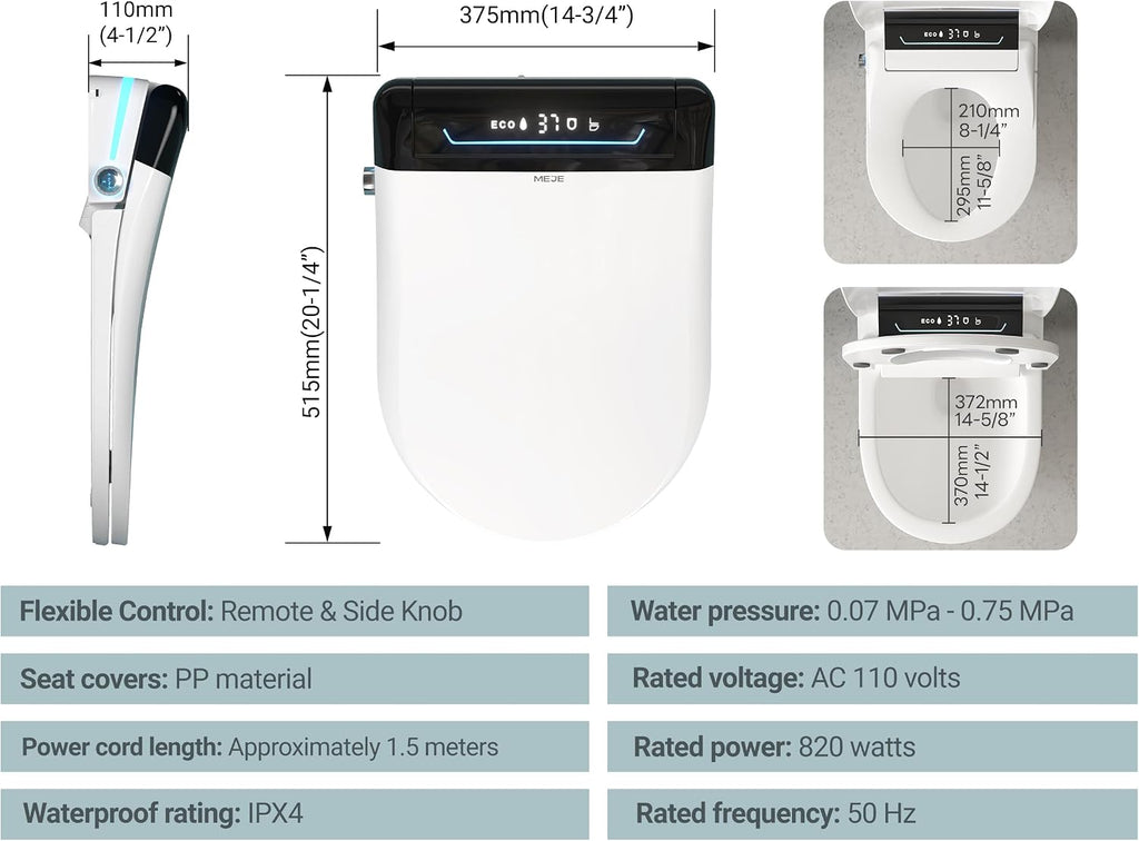MEJE #001U-Electric Bidet Seat for Elongated Toilets with Remote and LED Display,Auto Open and Close,Heated Toilet Seat (White)