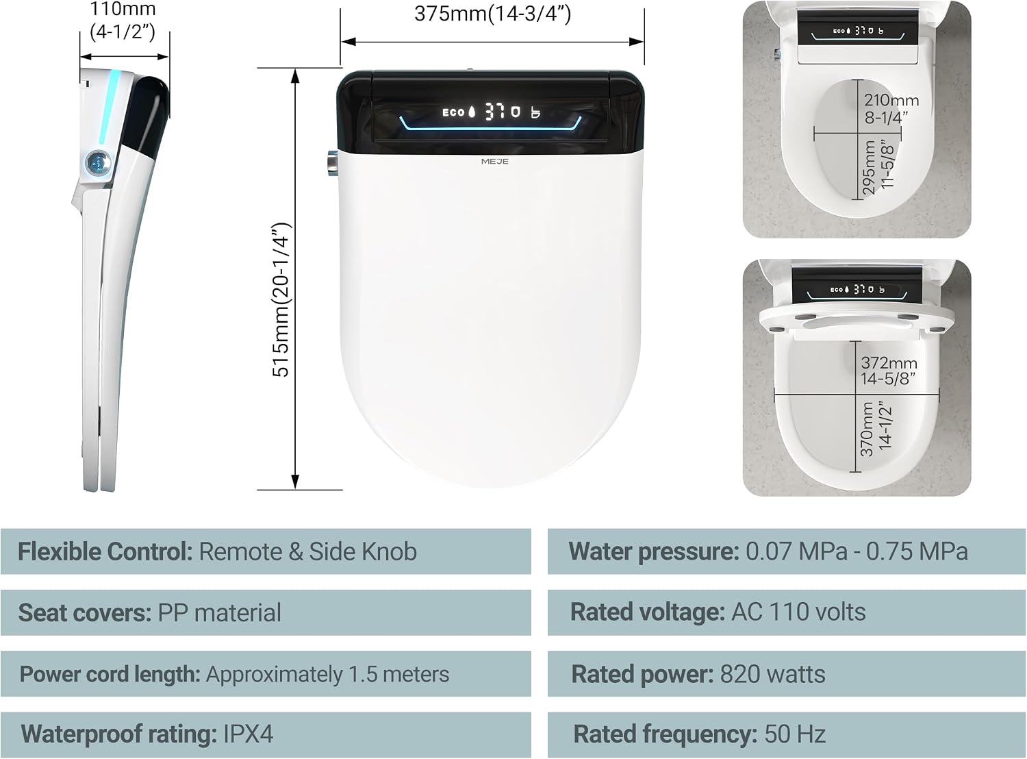 MEJE #001U-Electric Bidet Seat for Elongated Toilets with Remote and LED Display,Auto Open and Close,Heated Toilet Seat (White)