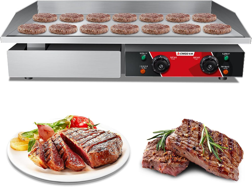 Commercial Griddle, Electric Griddle, Cast Iron Griddle, Stainless Steel Frame, 122℉-572℉ Adjustable Temperature Control, Removable Oil Storage Box, Restaurant Teppanyaki Grill,4400w