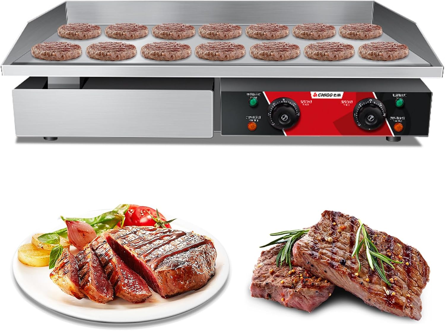 Commercial Griddle, Electric Griddle, Cast Iron Griddle, Stainless Steel Frame, 122℉-572℉ Adjustable Temperature Control, Removable Oil Storage Box, Restaurant Teppanyaki Grill,4400w
