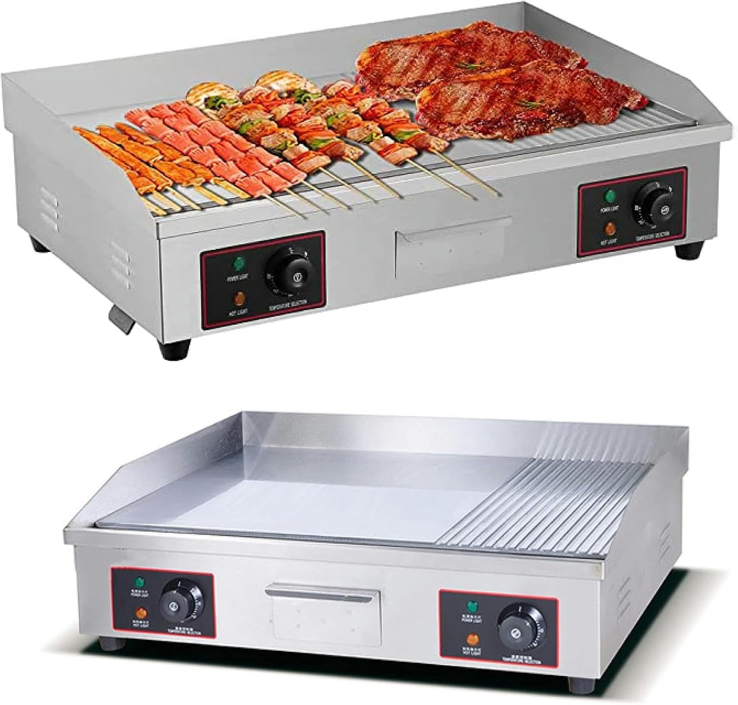 29' Commercial Electric Griddle, Half Grooved/Flat Countertop Bakeware Non-Stick Teppanyaki Stainless Steel Grill with Dual Temperature Control Button, 220V 4400W