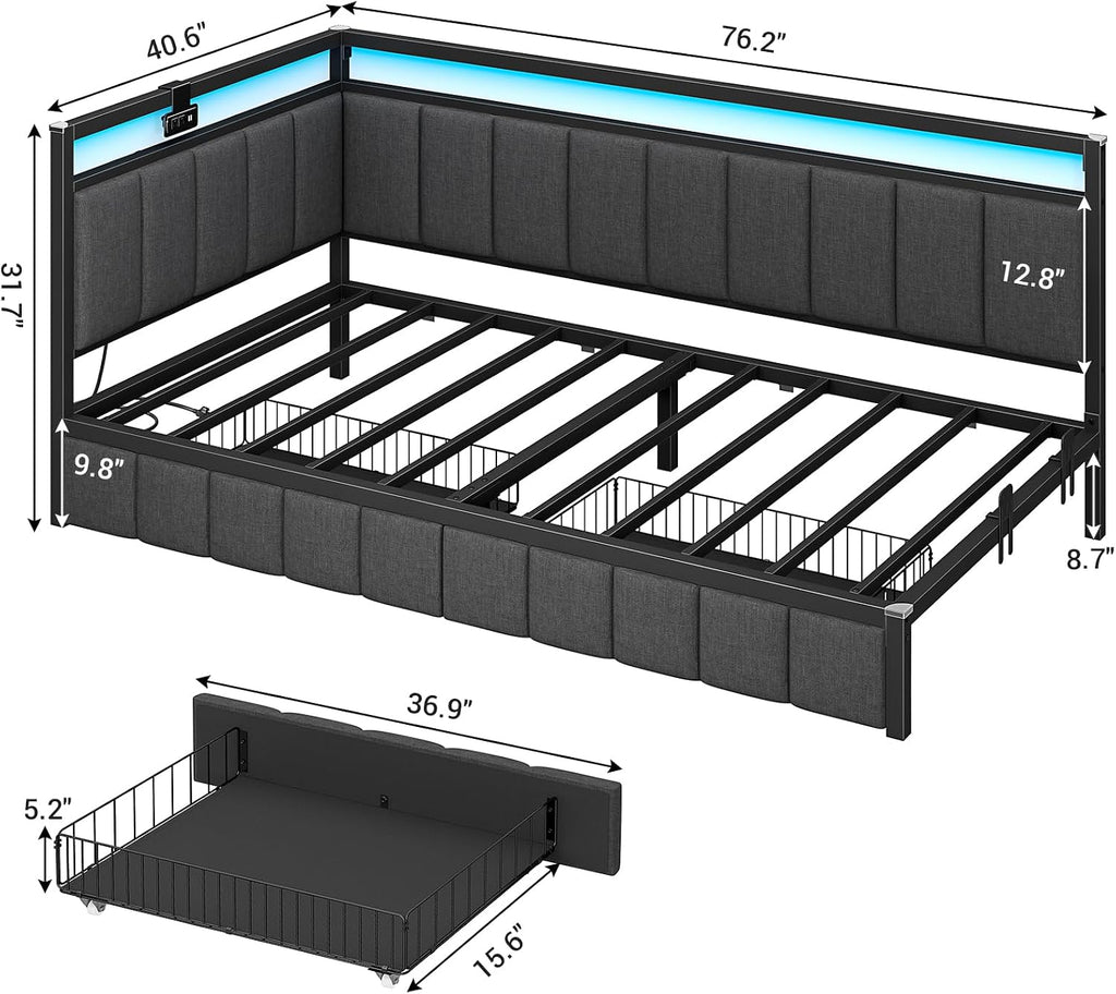 Hasuit Corner Bed Frame with Storage Drawers, Twin Daybed with Line Fabric Upholstered Fence, Kids Bed Unit with LED Light and Charging Station, Modern Bed Frame
